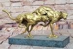 Golden Cheetah Big Cats Duo Running Bronze Sculpture on Marble Base by Milo