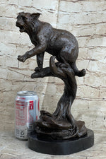 Cougar Panther Jaguar Cat Collector Bronze Marble Base Bookend Statue Art Decor