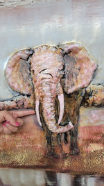 Hand Made Wildlife African Elephants Family 3-D Oil Painting on Metal Canvas
