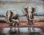Hand Made Wildlife African Elephants Family 3-D Oil Painting on Metal Canvas