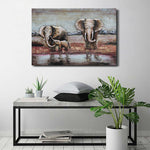 Hand Made Wildlife African Elephants Family 3-D Oil Painting on Metal Canvas