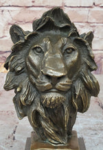 Male Lion Bronze Bust Statue Sculpture Figure on Black Marble Base Signed Barye 9