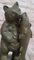 Load image into Gallery viewer, Bronze Bear Welcome Statue – Bear with Fish Cabin Decor