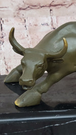 Aggressive Bull Bronze Sculpture on Marble Stand Signed Fisher