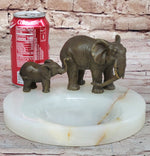 Bronze Metal Elephant Mother & Calf on Marble Soap Dish Ashtray