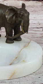 Bronze Metal Elephant Mother & Calf on Marble Soap Dish Ashtray
