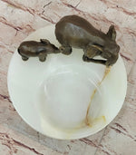 Bronze Metal Elephant Mother & Calf on Marble Soap Dish Ashtray