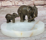 Bronze Metal Elephant Mother & Calf on Marble Soap Dish Ashtray