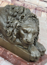 Guardian Lion Bronze Statue Sculpture Figure on Red Marble Base 7