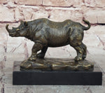 Bronze Rhino Rhinoceros Sculpture on Marble Base – Vintage Wildlife Figurine