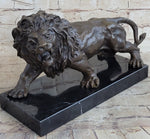 Bronze Sculpture Angry Hungry Male Lion Marble Base Figurine Art Deco Figure