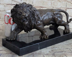Bronze Sculpture Angry Hungry Male Lion Marble Base Figurine Art Deco Figure
