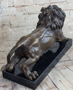 Bronze Sculpture Angry Hungry Male Lion Marble Base Figurine Art Deco Figure