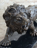 Bronze Sculpture Angry Hungry Male Lion Marble Base Figurine Art Deco Figure
