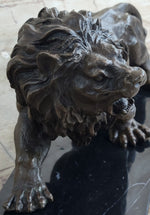 Bronze Sculpture Angry Hungry Male Lion Marble Base Figurine Art Deco Figure