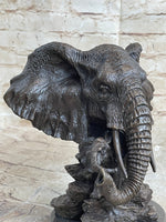 Original Striking Massive Elephant Head Bust with Baby Bronze Sculpture Statue