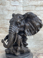 Original Striking Massive Elephant Head Bust with Baby Bronze Sculpture Statue
