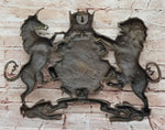 Bronze Lion and Unicorn Heraldic Crest Coat of Arms Hanging Wall Sculpture