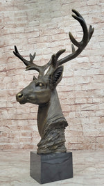 Stag Buck Deer Elk Head Bust Bronze Sculpture Statue on Marble Base