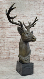 Stag Buck Deer Elk Head Bust Bronze Sculpture Statue on Marble Base