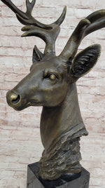 Stag Buck Deer Elk Head Bust Bronze Sculpture Statue on Marble Base