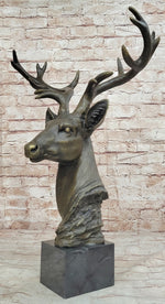 Stag Buck Deer Elk Head Bust Bronze Sculpture Statue on Marble Base