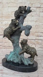 Bear Family Looking for Honey in a Tree - Bronze Sculpture Decor on Marble Base