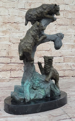 Bear Family Looking for Honey in a Tree - Bronze Sculpture Decor on Marble Base