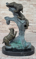 Bear Family Looking for Honey in a Tree - Bronze Sculpture Decor on Marble Base