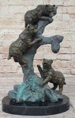 Bear Family Looking for Honey in a Tree - Bronze Sculpture Decor on Marble Base