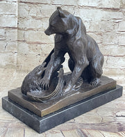 Signed Barye Bear Attacking Eagle Bronze Sculpture Marble Base Figurine Statue