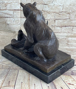 Signed Barye Bear Attacking Eagle Bronze Sculpture Marble Base Figurine Statue