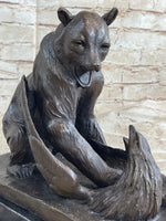 Signed Barye Bear Attacking Eagle Bronze Sculpture Marble Base Figurine Statue