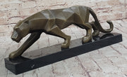 Geometric Modern Art Bronze Sculpture of a Lion Cougar Puma on Marble Base