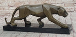 Geometric Modern Art Bronze Sculpture of a Lion Cougar Puma on Marble Base