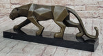 Geometric Modern Art Bronze Sculpture of a Lion Cougar Puma on Marble Base