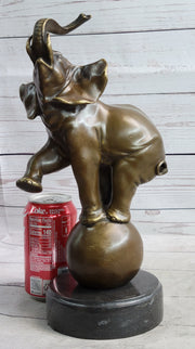 Circus Elephant Balancing on a Ball Bronze Sculpture Statue Art on Marble Base