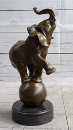 Circus Elephant Balancing on a Ball Bronze Sculpture Statue Art on Marble Base