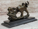 Mother Elephant and Baby Calf Bronze Statue Sculpture Original Art on Marble Base