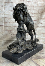 Male Lion w/ Cub Bronze Statue Sculpture Figure Barye Decor 14