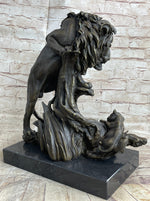 Male Lion w/ Cub Bronze Statue Sculpture Figure Barye Decor 14