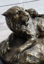 Lion Tiger & Cub Bronze Statue Sculpture Wildlife Figure Decor Handmade Art