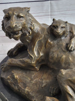 Lion Tiger & Cub Bronze Statue Sculpture Wildlife Figure Decor Handmade Art