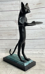 Standing Cat Holding Tray Business Card Holder Bronze Sculpture Statue Original Art Decor