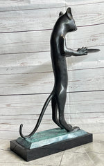 Standing Cat Holding Tray Business Card Holder Bronze Sculpture Statue Original Art Decor