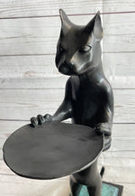 Standing Cat Holding Tray Business Card Holder Bronze Sculpture Statue Original Art Decor