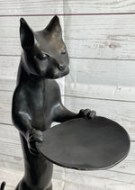 Standing Cat Holding Tray Business Card Holder Bronze Sculpture Statue Original Art Decor