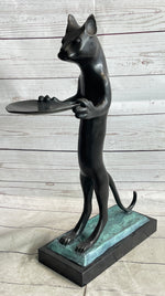Standing Cat Holding Tray Business Card Holder Bronze Sculpture Statue Original Art Decor