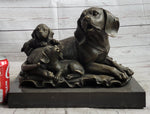 Mother Dog and 2 Puppies Bronze Sculpture Statue Pet Decor Signed Art Marble Base