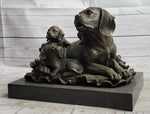 Mother Dog and 2 Puppies Bronze Sculpture Statue Pet Decor Signed Art Marble Base
